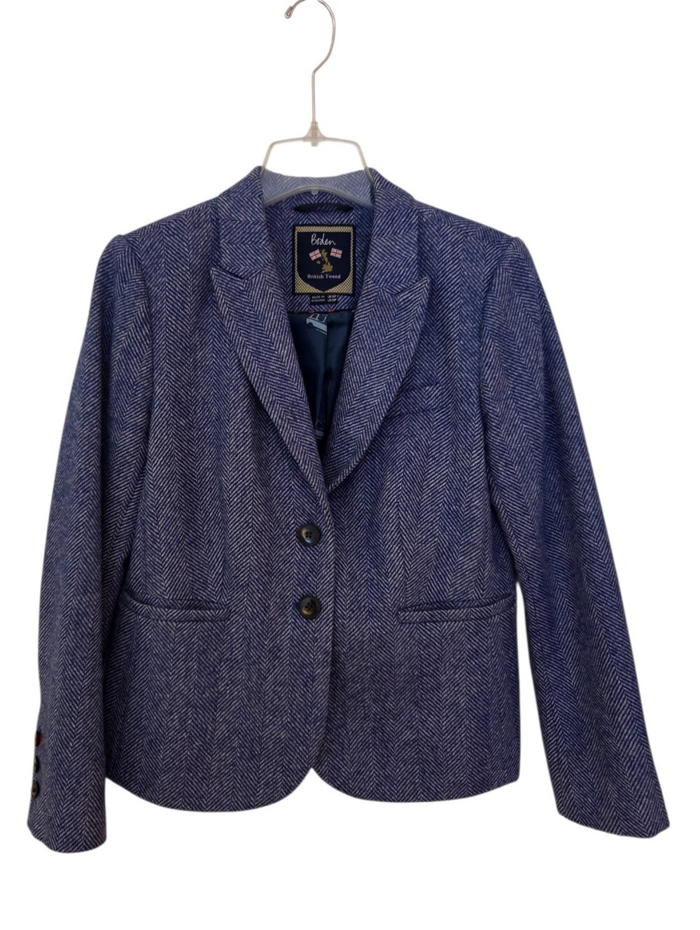 Boden British Tweed Blazer Blue Herringbone Wool London Print Lining Sz 10P